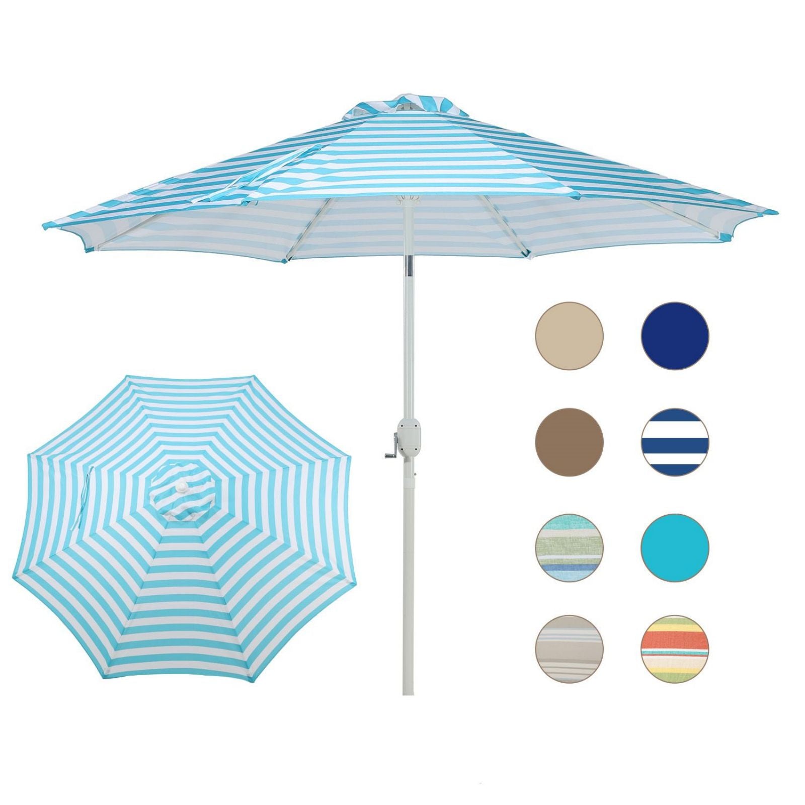 9FT Outdoor Patio Market Umbrella Aluminum Frame with Push Button Tilt Crank and 8 Steel Ribs, UV Protection  Aoodor  Light Blue and White  